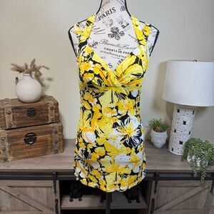 Vintage Y2k Cache Floral Yellow Halter Top Size L Rhinestones Bright Summer